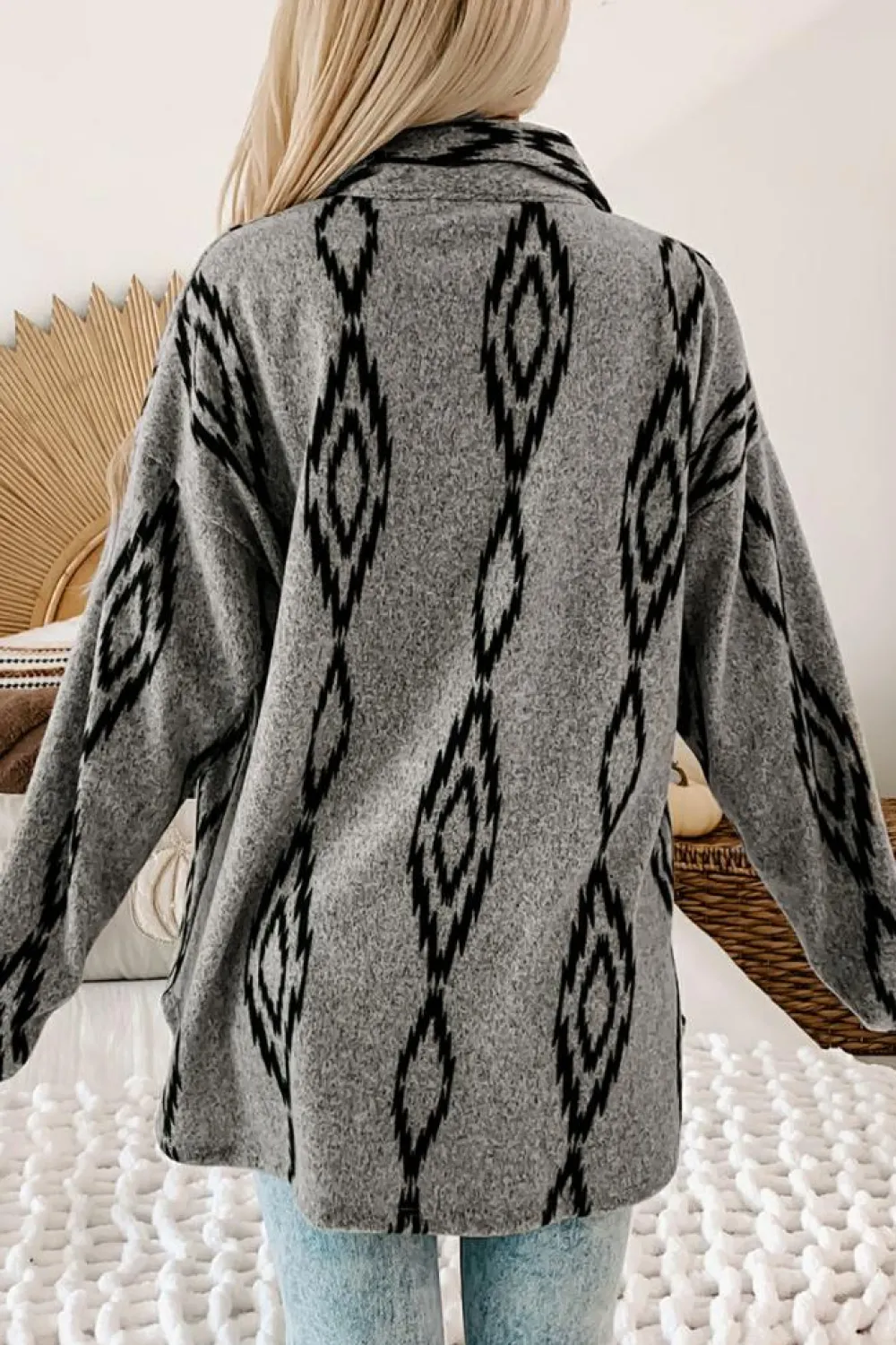Best Dear-Lover Aztec Contrast Chest Pockets Loose Shacket Gray