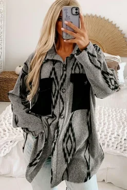 Best Dear-Lover Aztec Contrast Chest Pockets Loose Shacket Gray