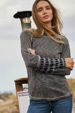 Online Dear-Lover Aztec Patchwork Ribbed Long Sleeve Top Gray