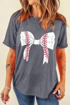 New Dear-Lover Baseball Bowknot Graphic Casual Tee Gray