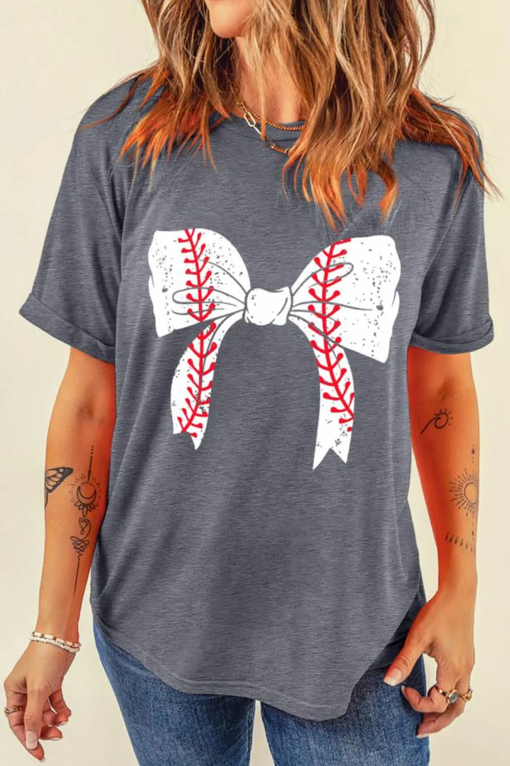 New Dear-Lover Baseball Bowknot Graphic Casual Tee Gray