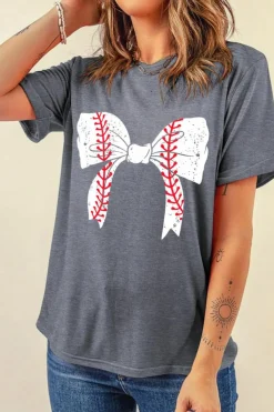 New Dear-Lover Baseball Bowknot Graphic Casual Tee Gray