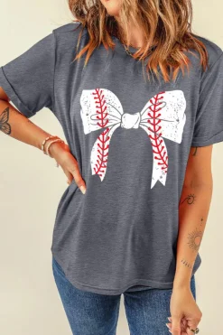 New Dear-Lover Baseball Bowknot Graphic Casual Tee Gray