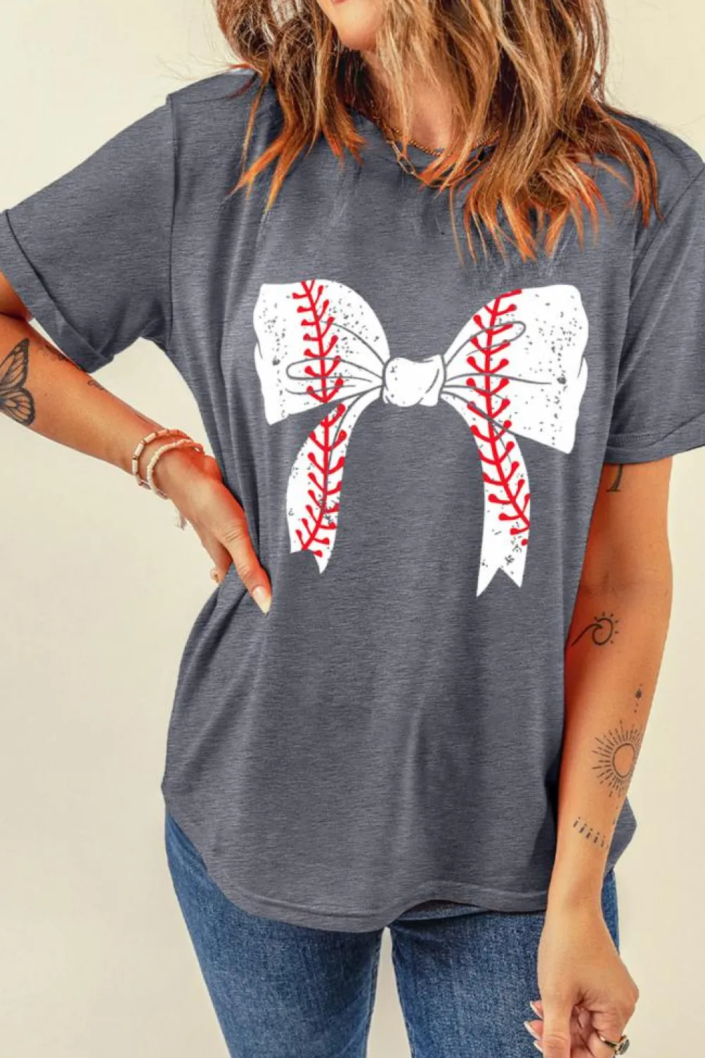 New Dear-Lover Baseball Bowknot Graphic Casual Tee Gray