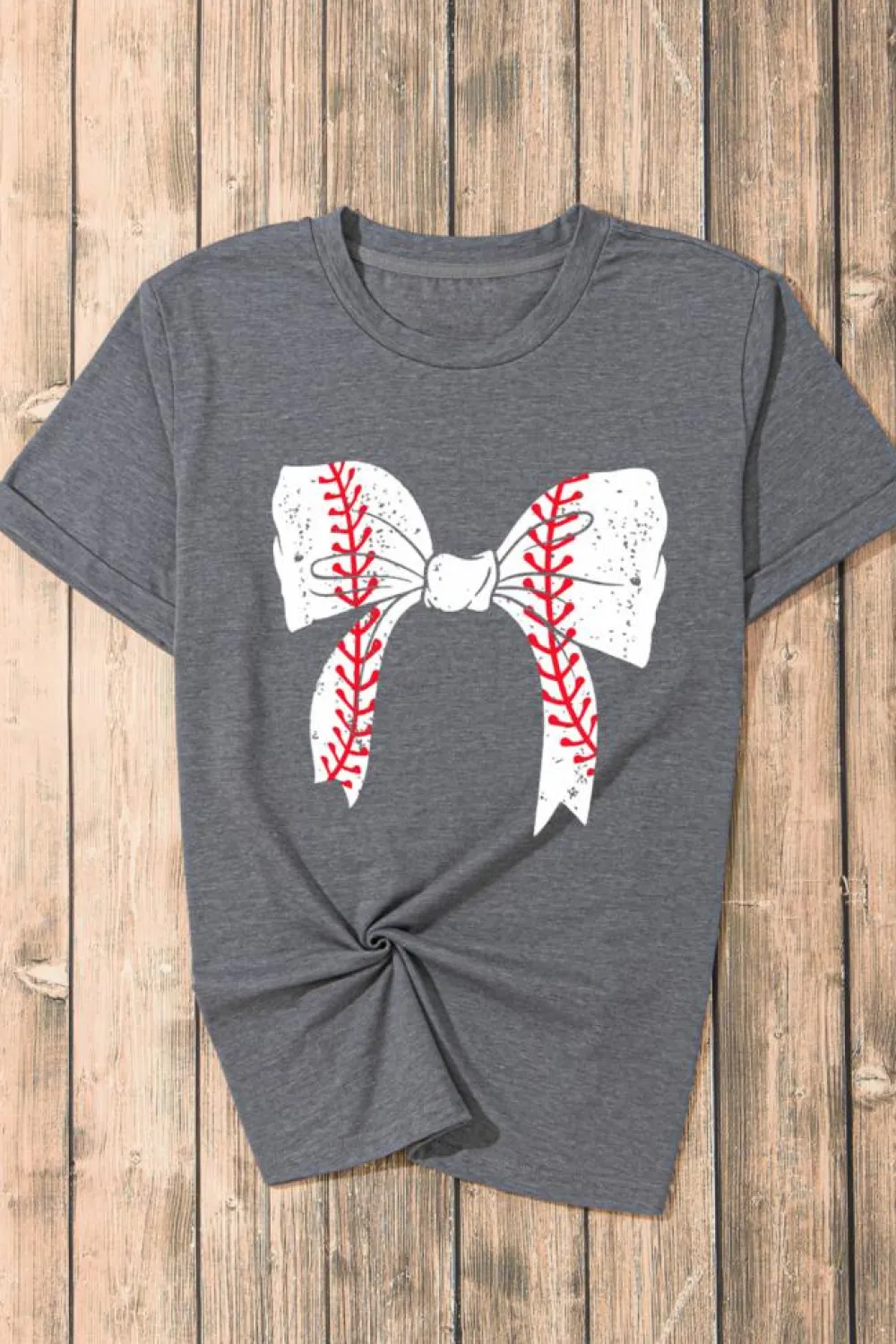 New Dear-Lover Baseball Bowknot Graphic Casual Tee Gray
