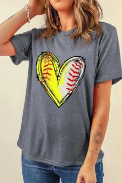 Sale Dear-Lover Baseball Heart Shape Print Crew Neck T Shirt Gray