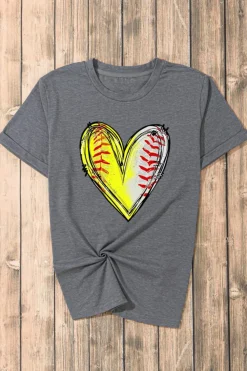 Sale Dear-Lover Baseball Heart Shape Print Crew Neck T Shirt Gray