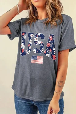 Clearance Dear-Lover Blooming USA Flag Print Casual T Shirt Gray