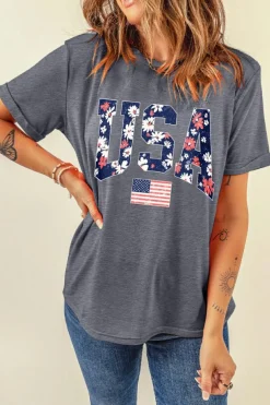 Clearance Dear-Lover Blooming USA Flag Print Casual T Shirt Gray