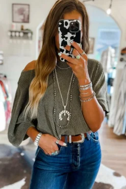 Sale Dear-Lover Boatneck Batwing Sleeve Cording Blouse Gray