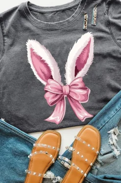 Best Dear-Lover Bunny Ear Bow Printed Easter Fashion T Shirt Gray