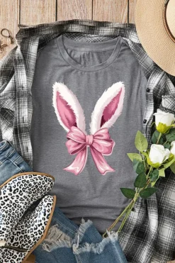 Best Dear-Lover Bunny Ear Bow Printed Easter Fashion T Shirt Gray