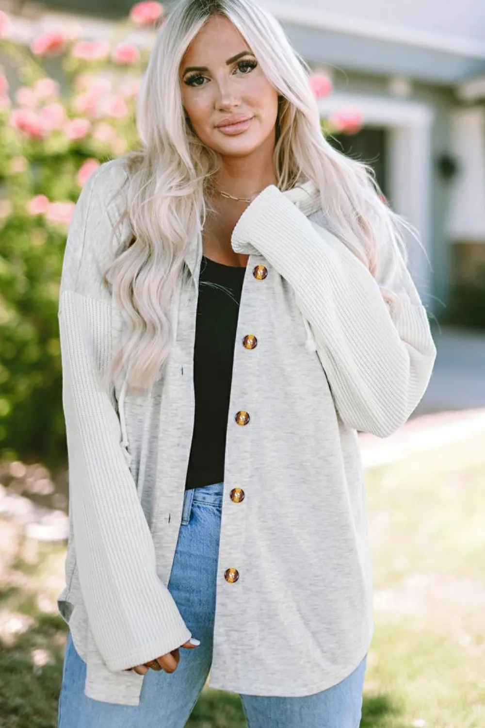 Hot Dear-Lover Button Up Contrast Knitted Sleeves Hooded Jacket Gray