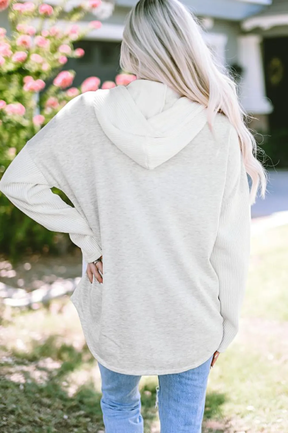 Hot Dear-Lover Button Up Contrast Knitted Sleeves Hooded Jacket Gray