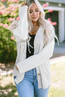 Hot Dear-Lover Button Up Contrast Knitted Sleeves Hooded Jacket Gray