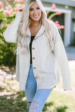 Hot Dear-Lover Button Up Contrast Knitted Sleeves Hooded Jacket Gray