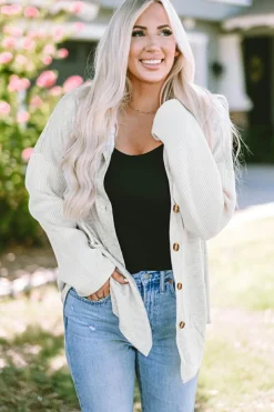 Hot Dear-Lover Button Up Contrast Knitted Sleeves Hooded Jacket Gray