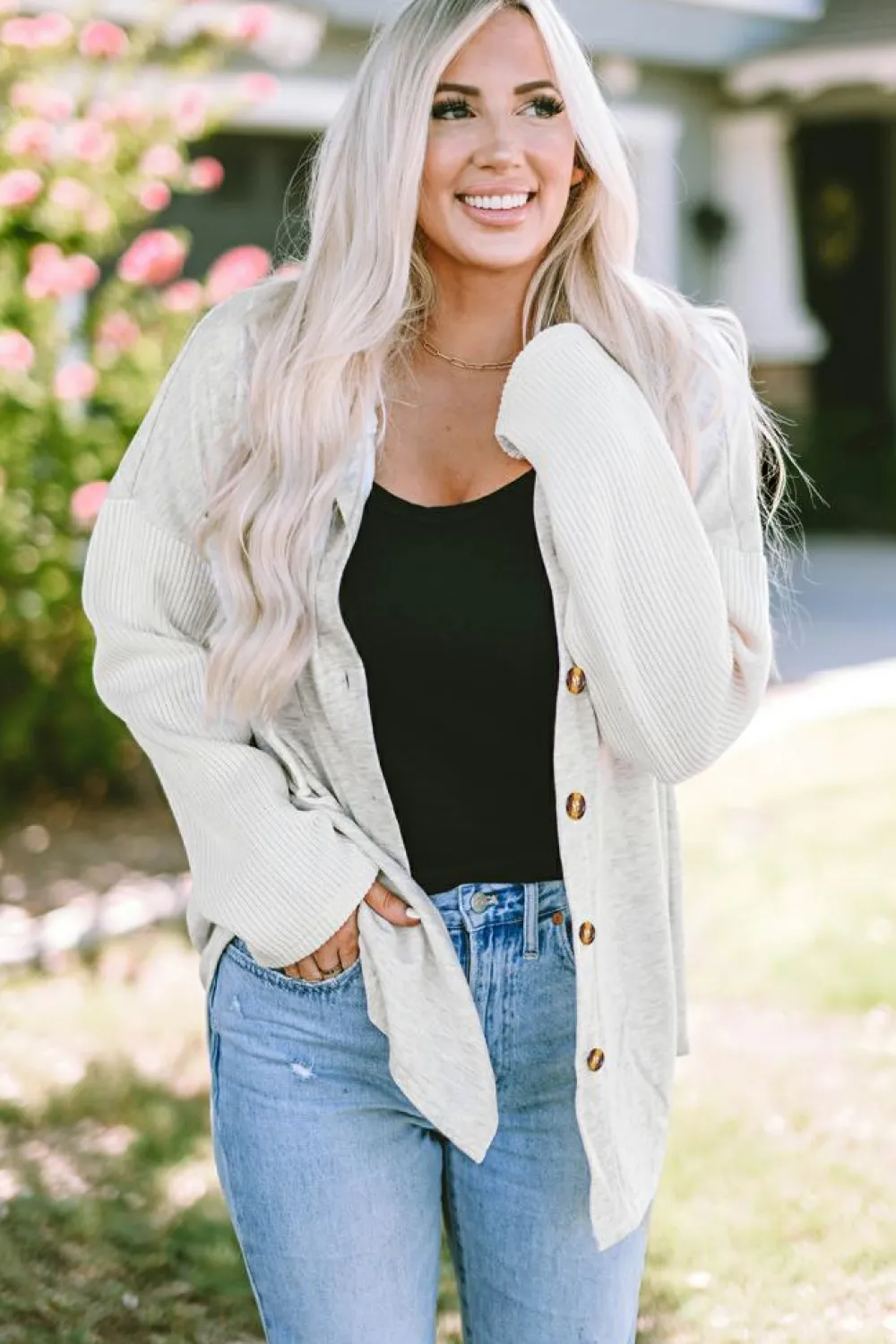 Hot Dear-Lover Button Up Contrast Knitted Sleeves Hooded Jacket Gray