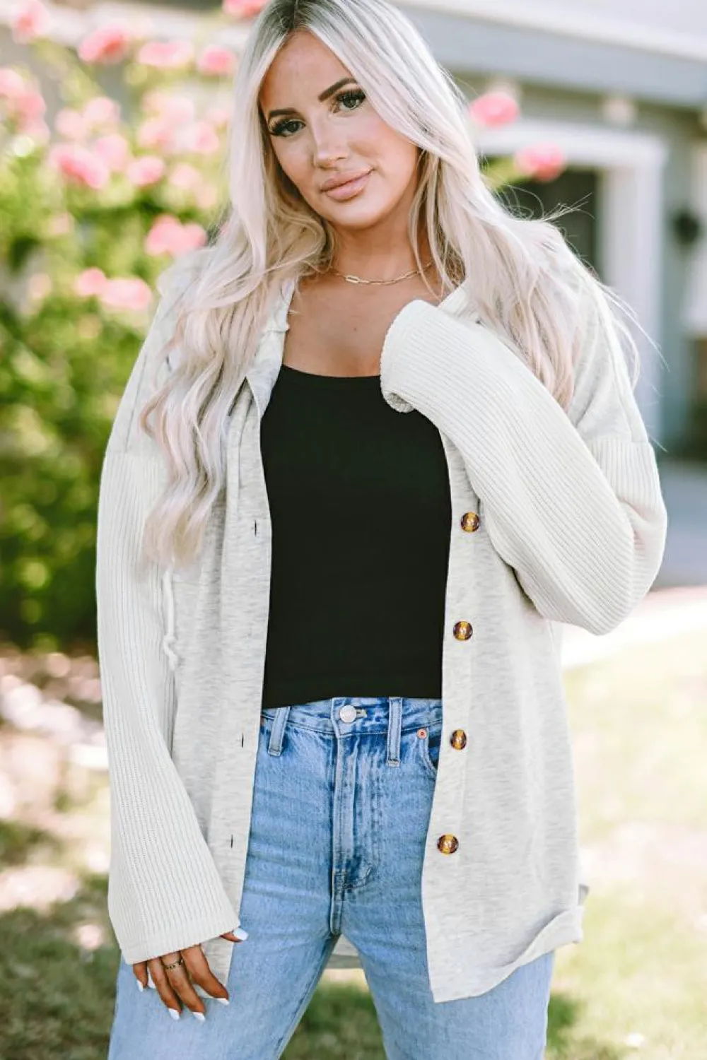 Hot Dear-Lover Button Up Contrast Knitted Sleeves Hooded Jacket Gray