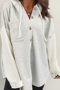 Hot Dear-Lover Button Up Contrast Knitted Sleeves Hooded Jacket Gray