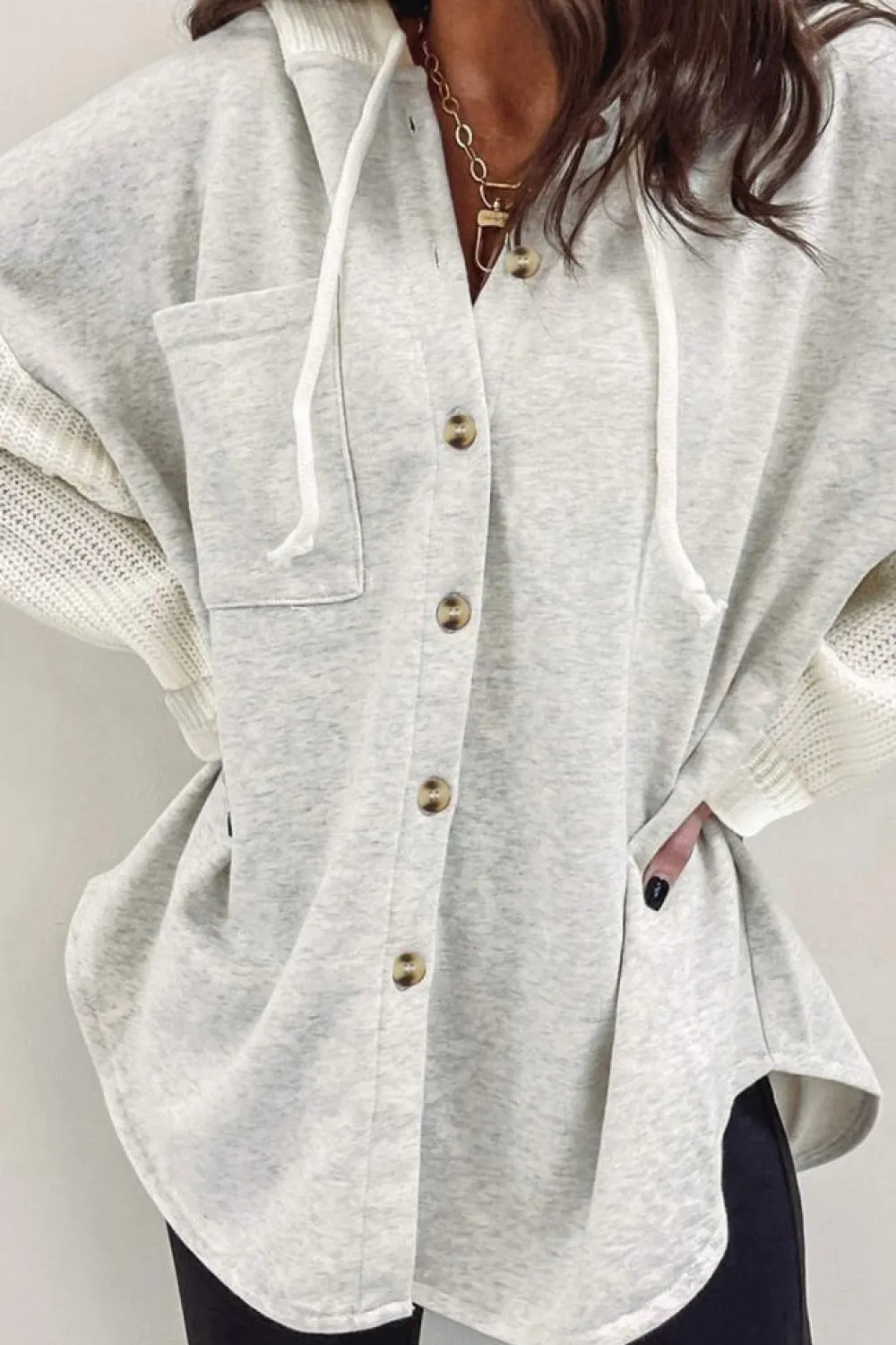Hot Dear-Lover Button Up Contrast Knitted Sleeves Hooded Jacket Gray