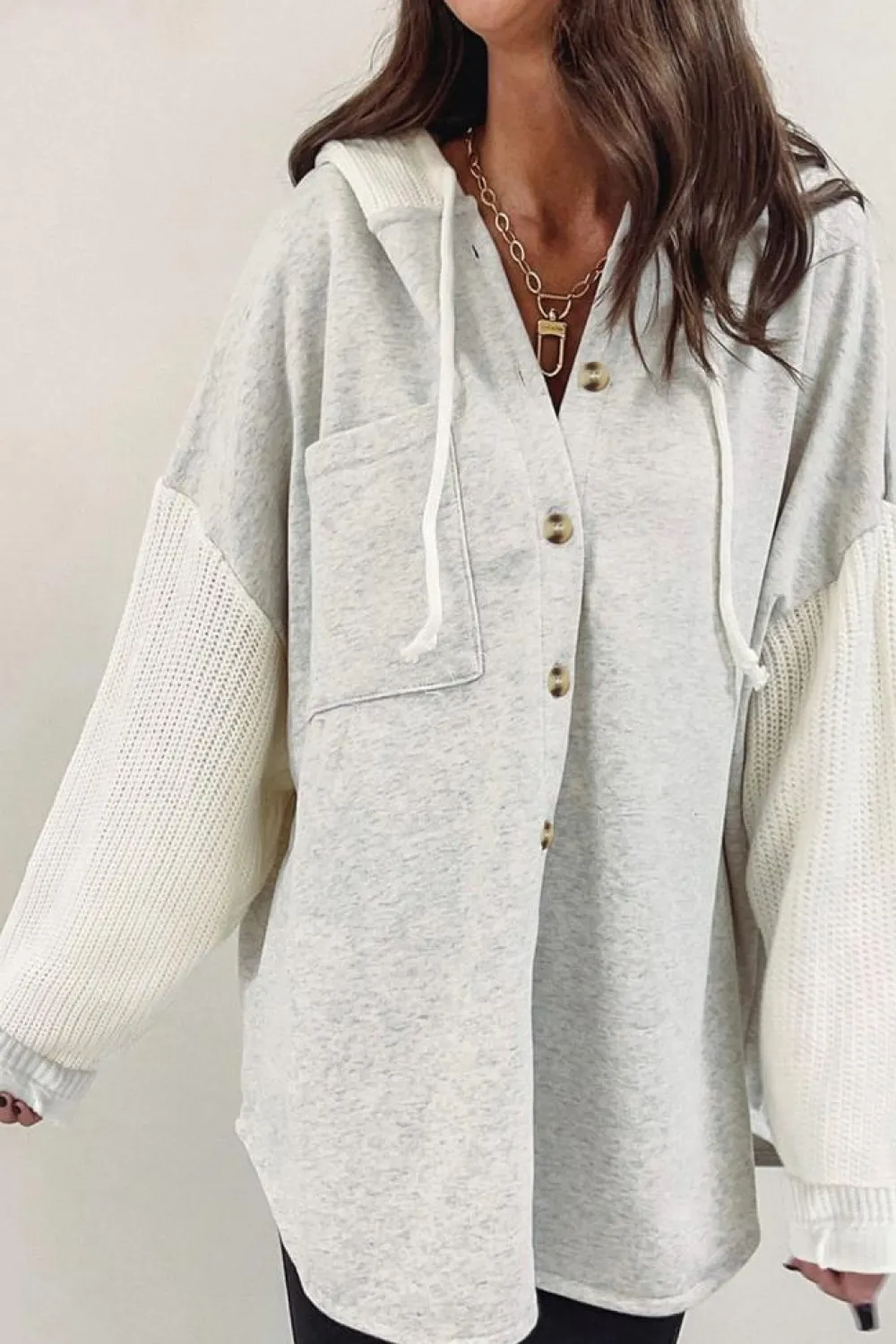 Hot Dear-Lover Button Up Contrast Knitted Sleeves Hooded Jacket Gray