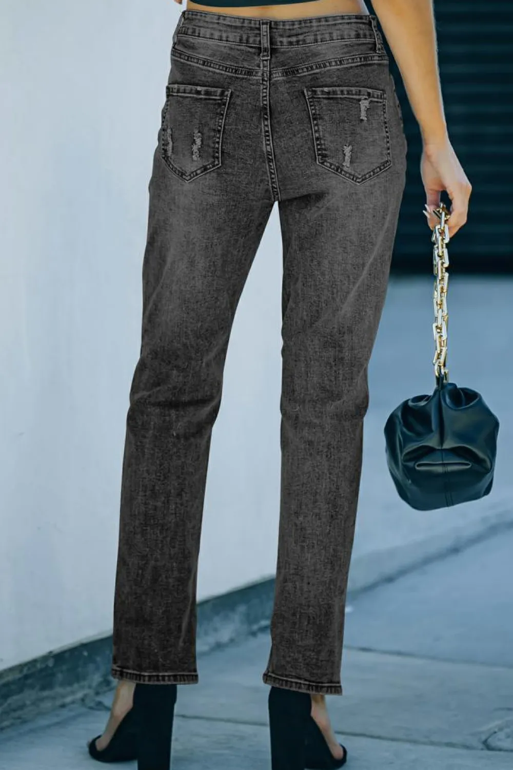 Clearance Dear-Lover Buttoned Pockets Distressed Jeans Gray