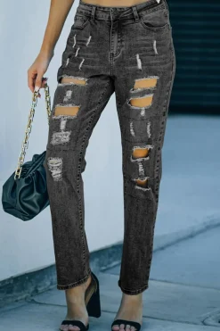 Clearance Dear-Lover Buttoned Pockets Distressed Jeans Gray
