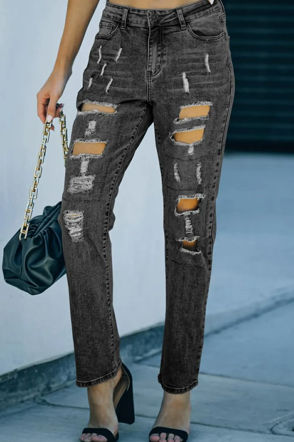 Clearance Dear-Lover Buttoned Pockets Distressed Jeans Gray