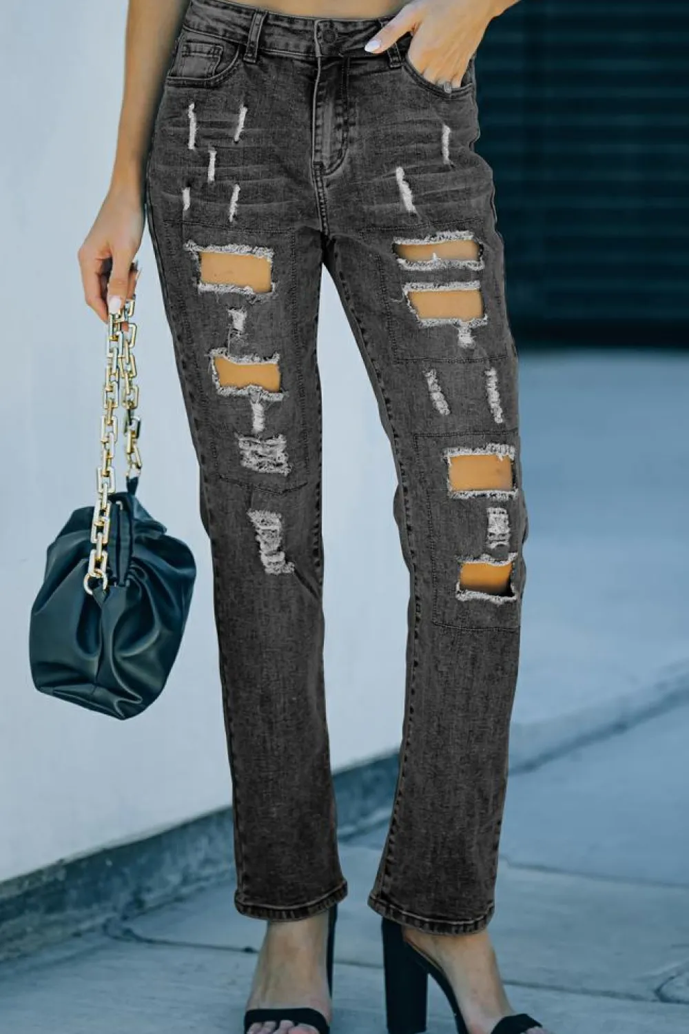 Clearance Dear-Lover Buttoned Pockets Distressed Jeans Gray
