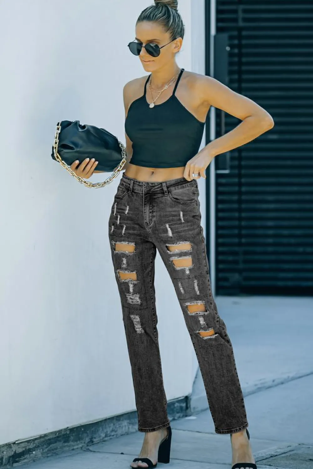 Clearance Dear-Lover Buttoned Pockets Distressed Jeans Gray