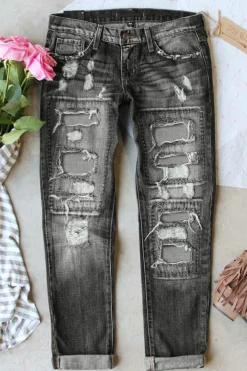 Clearance Dear-Lover Buttoned Pockets Distressed Jeans Gray
