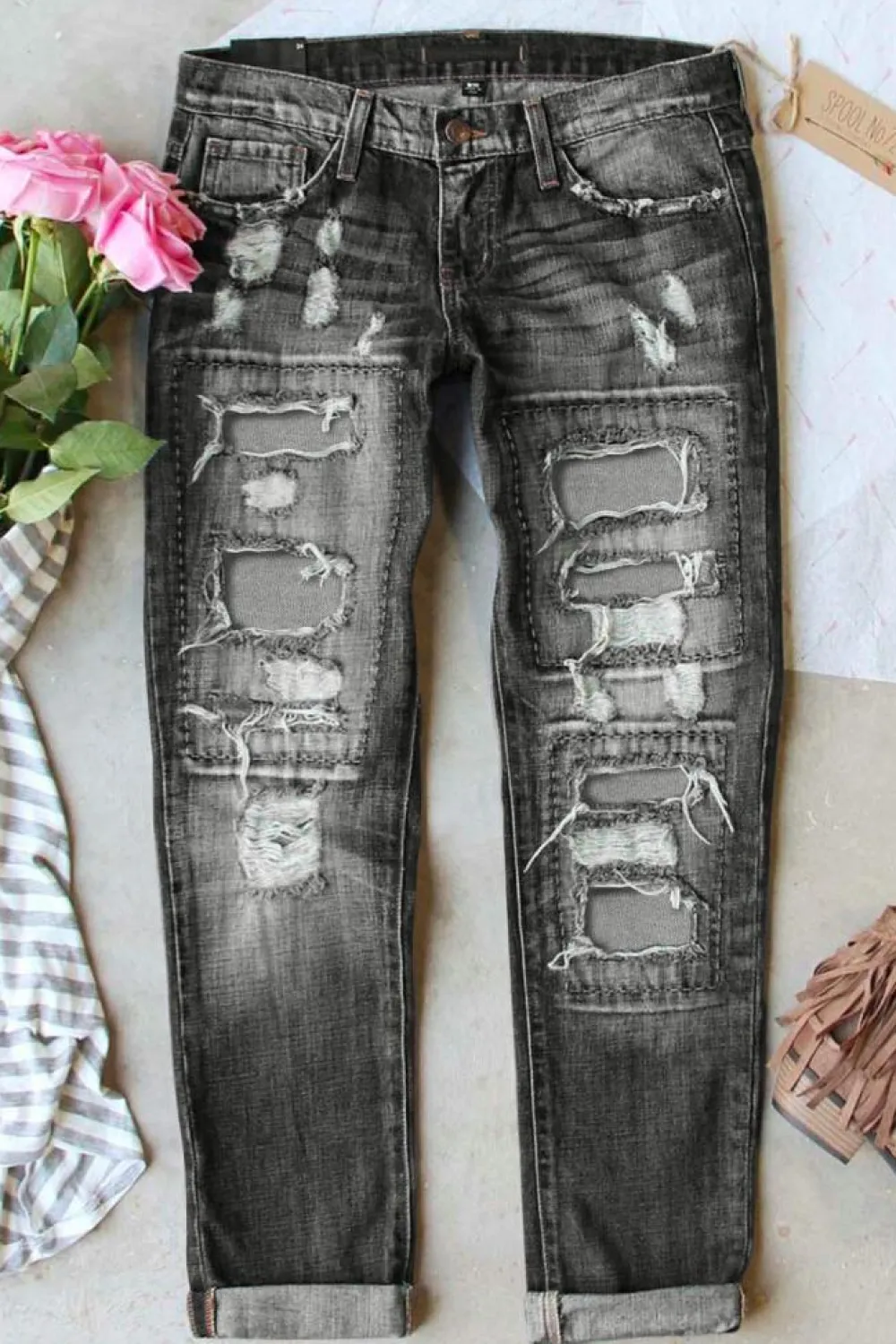 Clearance Dear-Lover Buttoned Pockets Distressed Jeans Gray