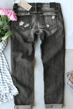 Clearance Dear-Lover Buttoned Pockets Distressed Jeans Gray