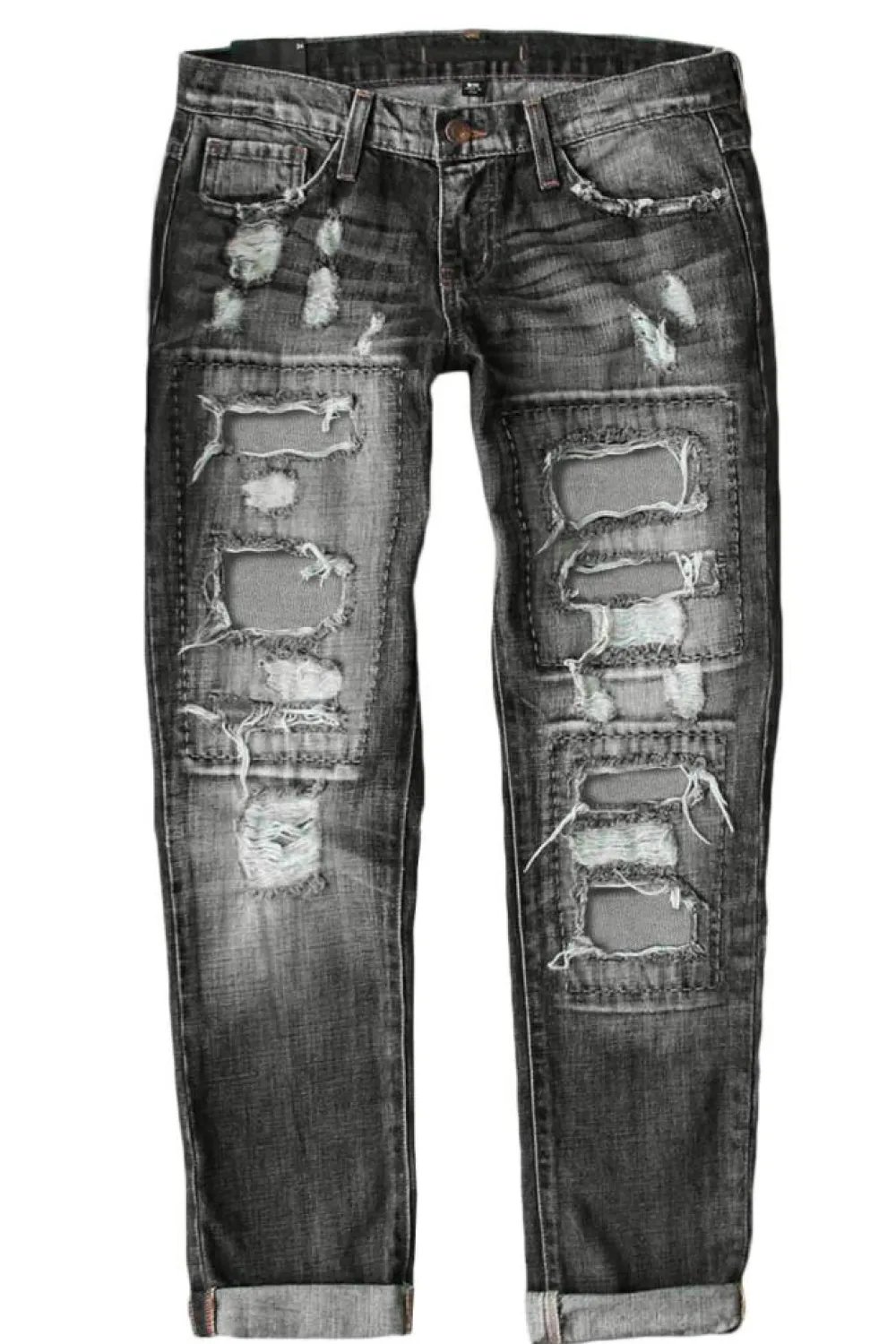 Clearance Dear-Lover Buttoned Pockets Distressed Jeans Gray