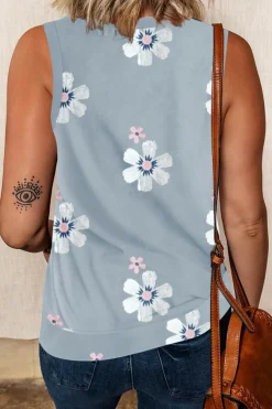 Sale Dear-Lover Casual Floral Crew Neck Tank Top Gray