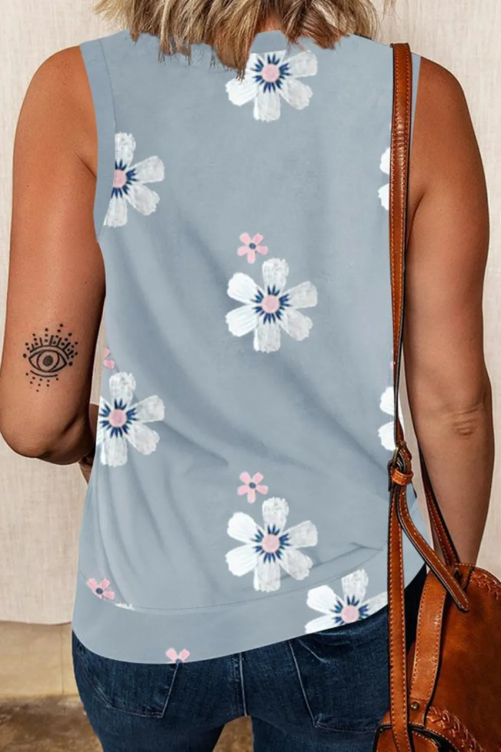 Sale Dear-Lover Casual Floral Crew Neck Tank Top Gray