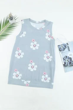 Sale Dear-Lover Casual Floral Crew Neck Tank Top Gray