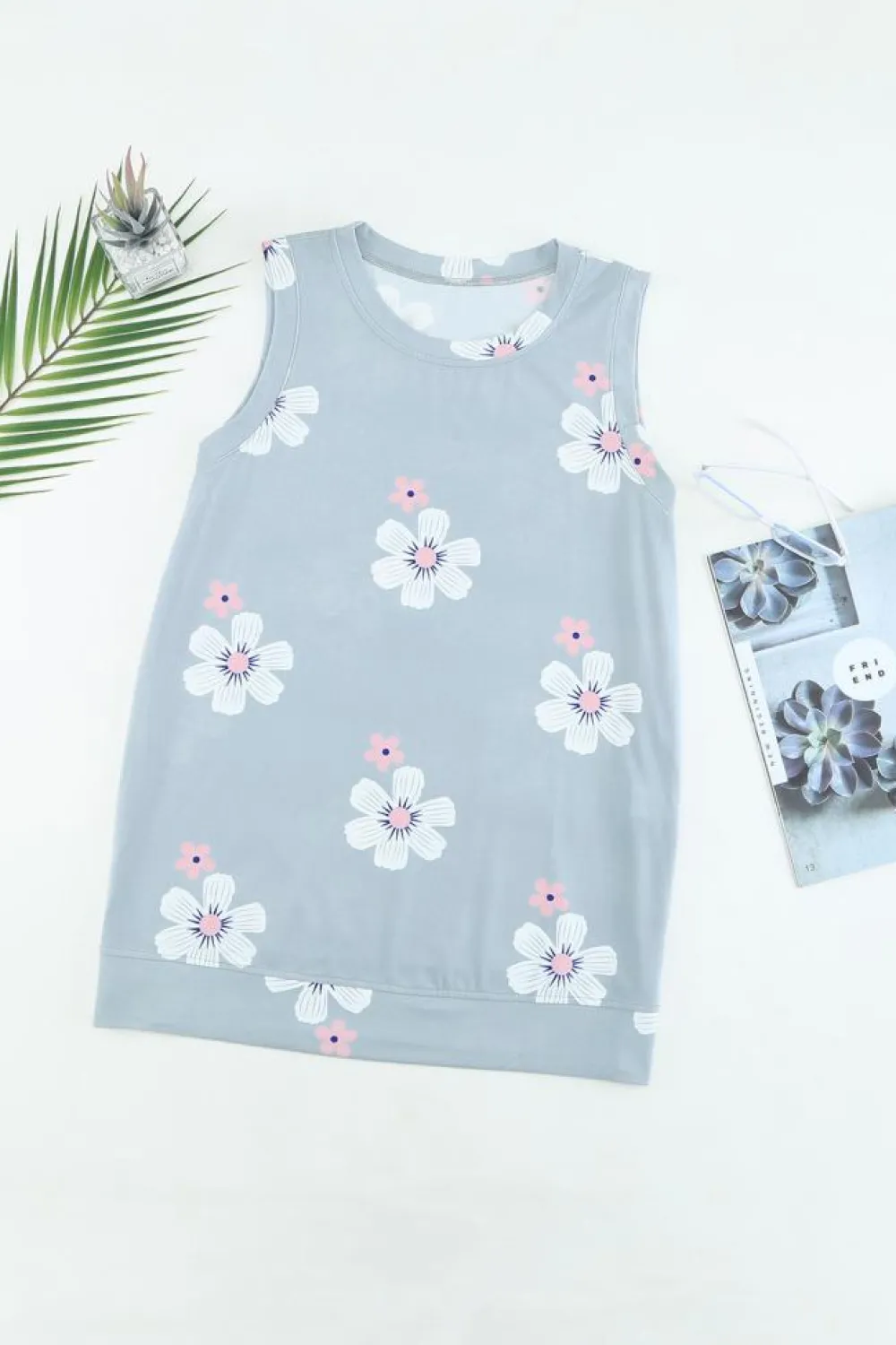 Sale Dear-Lover Casual Floral Crew Neck Tank Top Gray