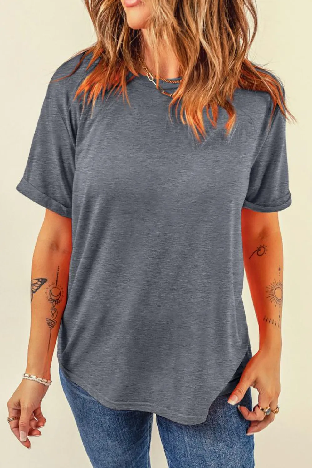 Discount Dear-Lover Casual Plain Crew Neck Tee Gray