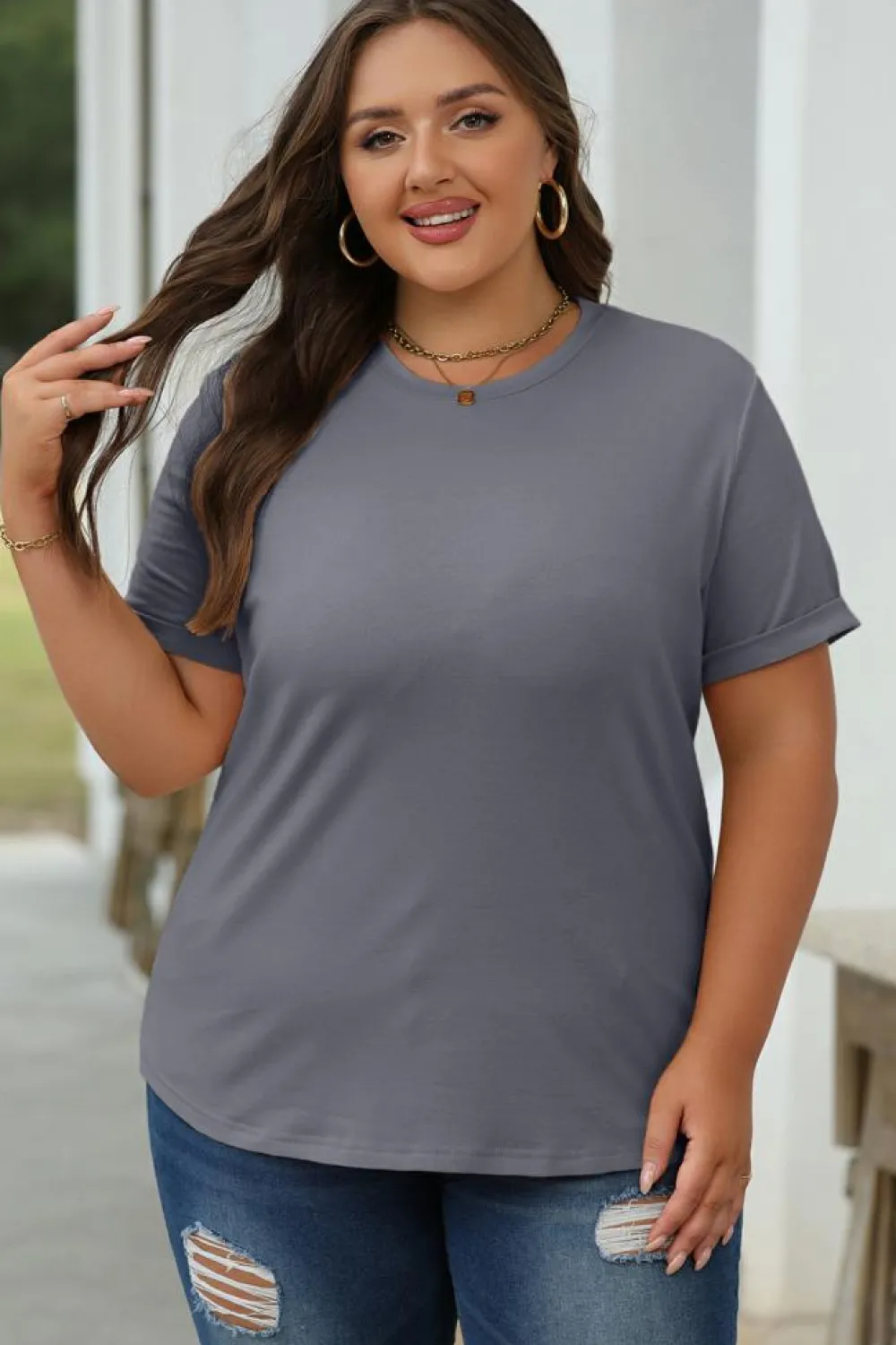 Discount Dear-Lover Casual Plain Crew Neck Tee Gray