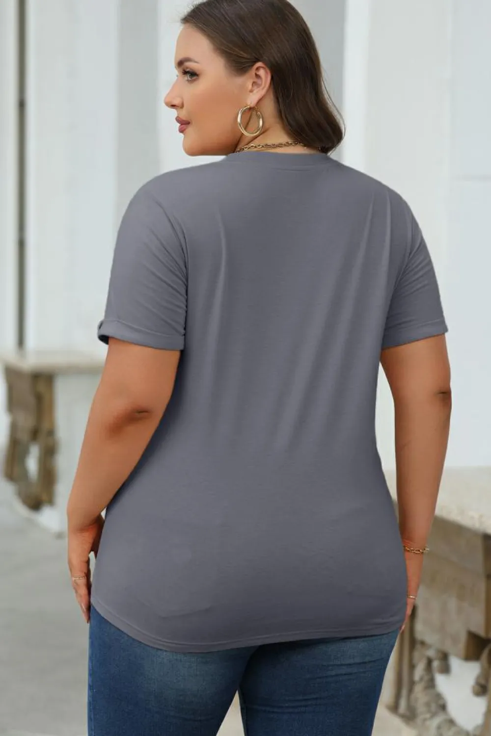Discount Dear-Lover Casual Plain Crew Neck Tee Gray