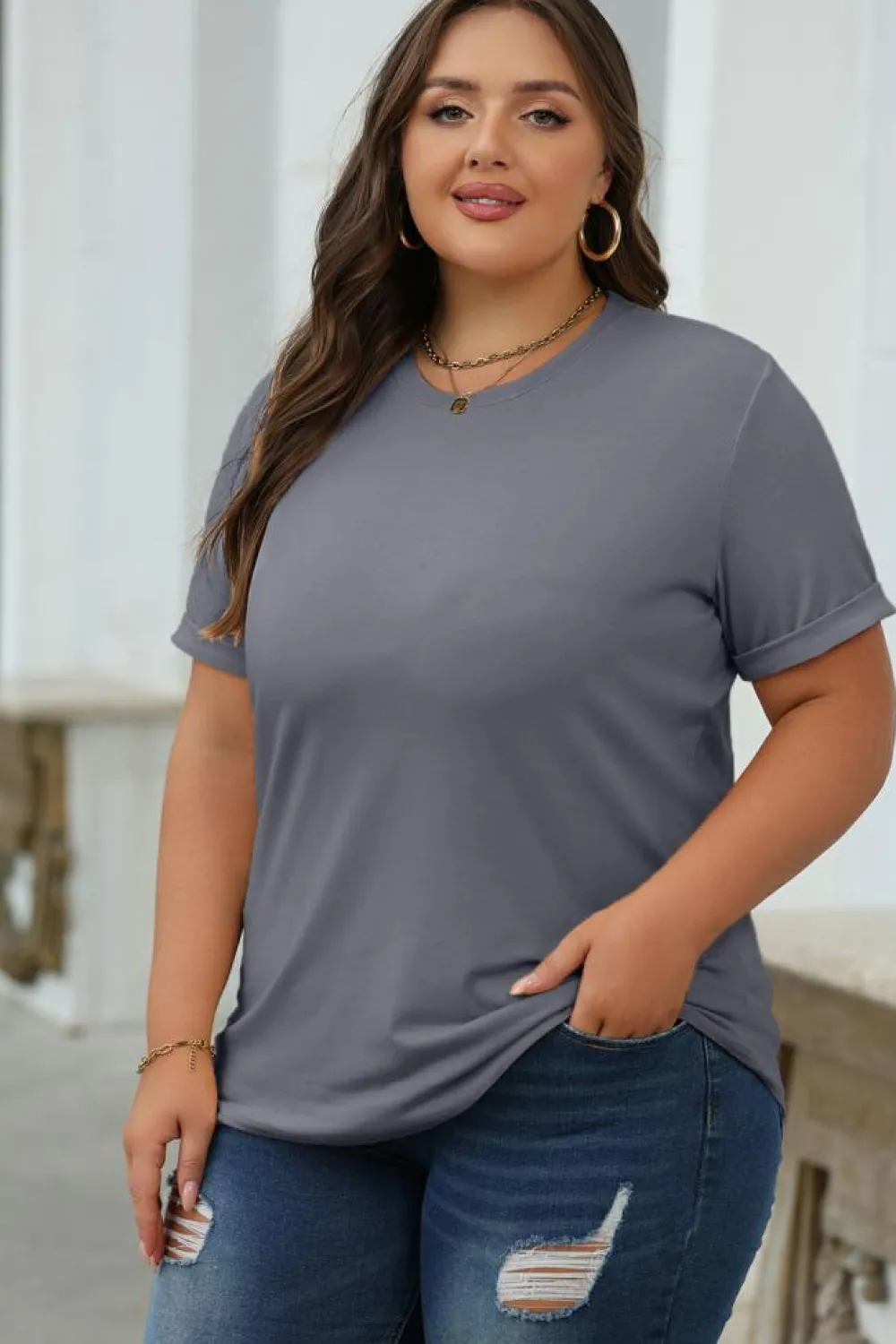 Discount Dear-Lover Casual Plain Crew Neck Tee Gray
