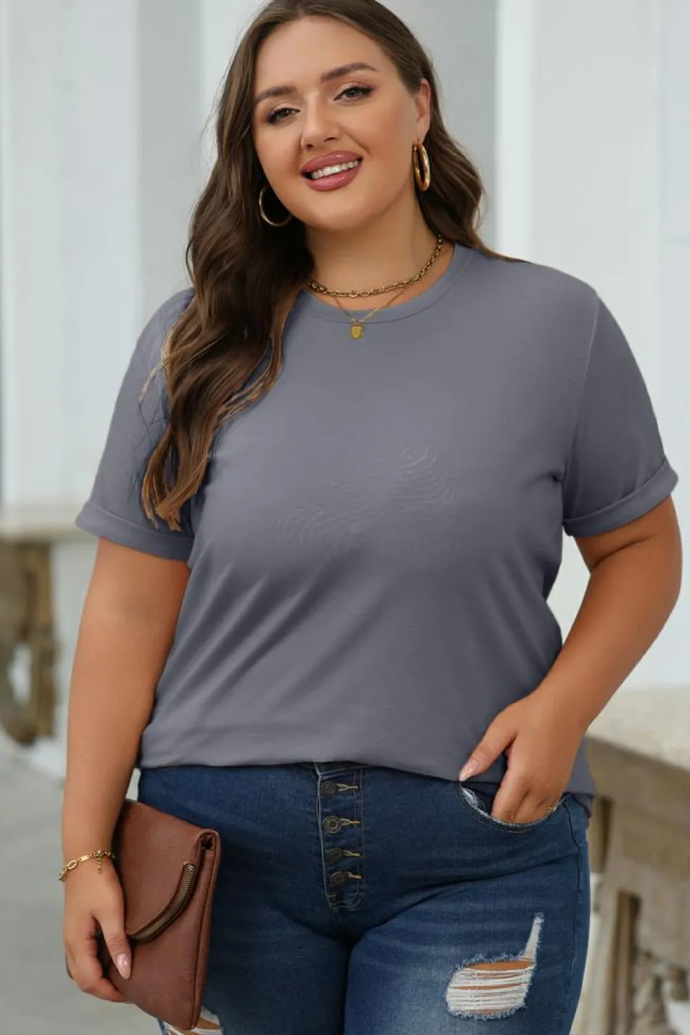 Discount Dear-Lover Casual Plain Crew Neck Tee Gray