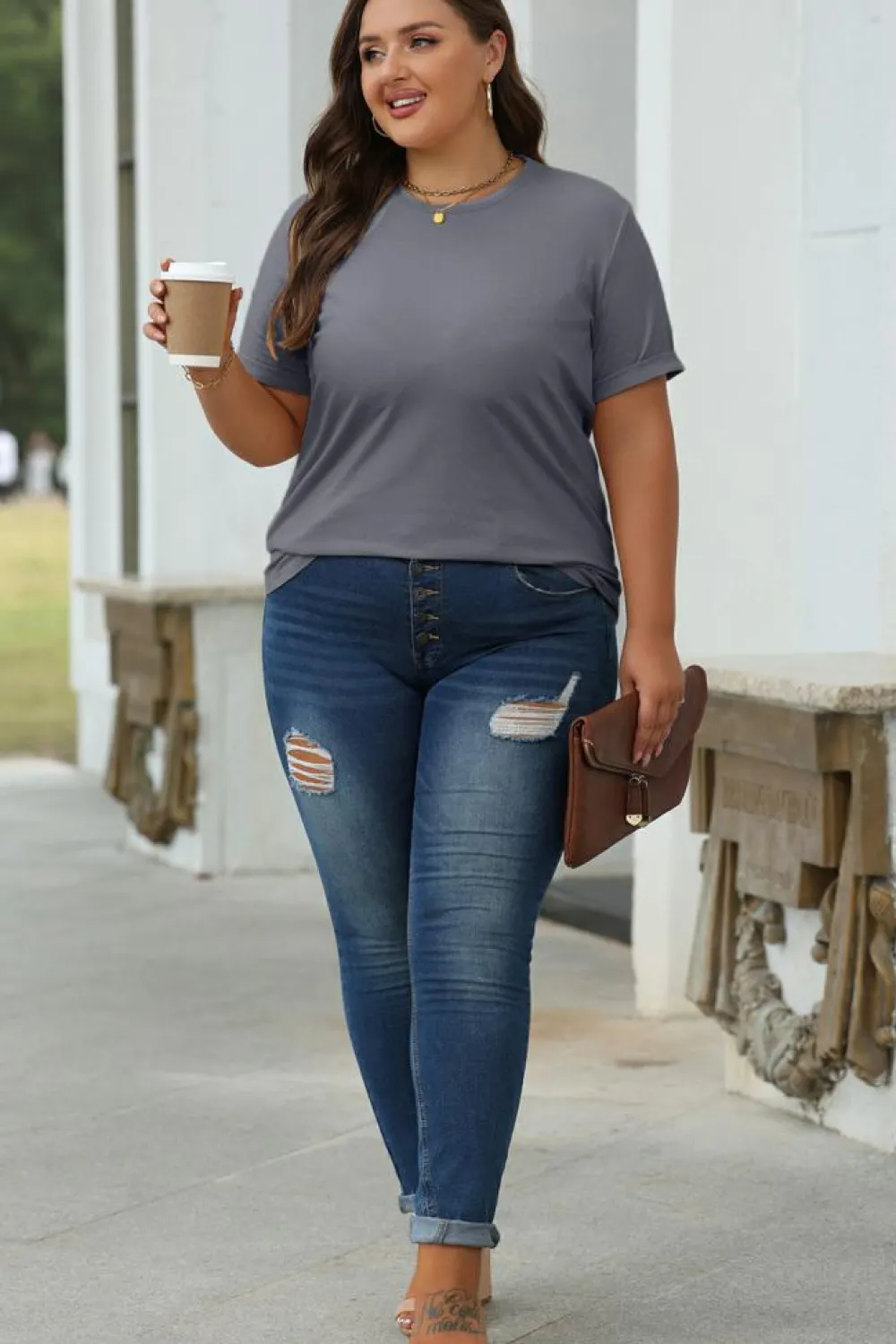 Discount Dear-Lover Casual Plain Crew Neck Tee Gray