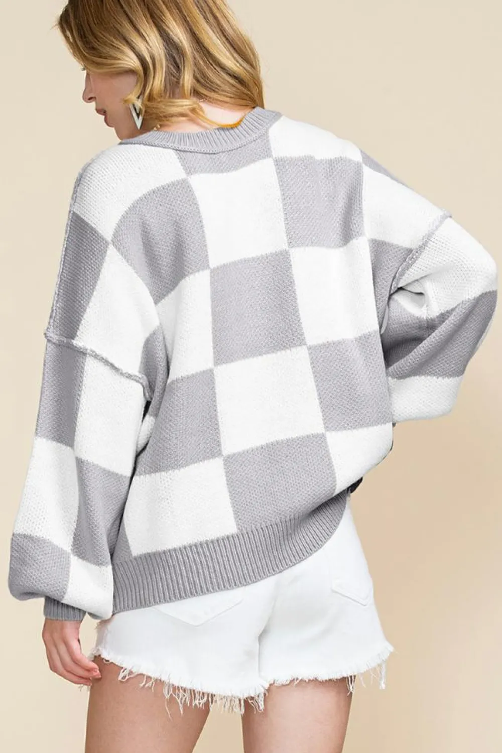 Sale Dear-Lover Checkered Bishop Sleeve Sweater Gray