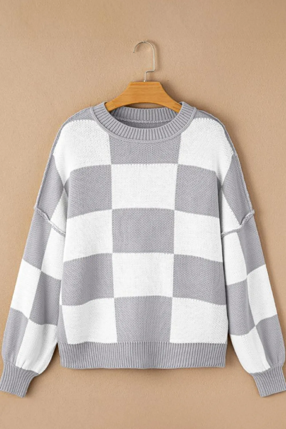 Sale Dear-Lover Checkered Bishop Sleeve Sweater Gray