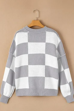 Sale Dear-Lover Checkered Bishop Sleeve Sweater Gray