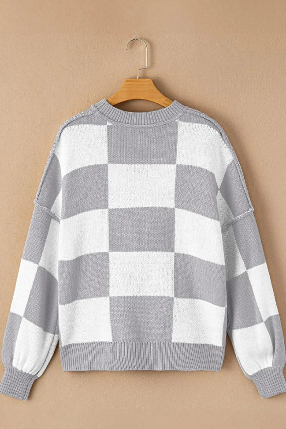Sale Dear-Lover Checkered Bishop Sleeve Sweater Gray