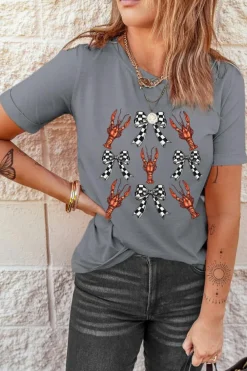 Outlet Dear-Lover Checkered Bow Crawfish Printed Summer Tee Gray